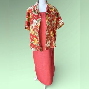TravelSmith Tropical Mauve & Green Dress Set Sleeveless Dress XLP & Blouse XL